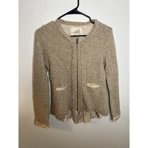 Angel Of The North Sweater Womens Medium Beige Knit Zip Jacket Peplum Cardigan
